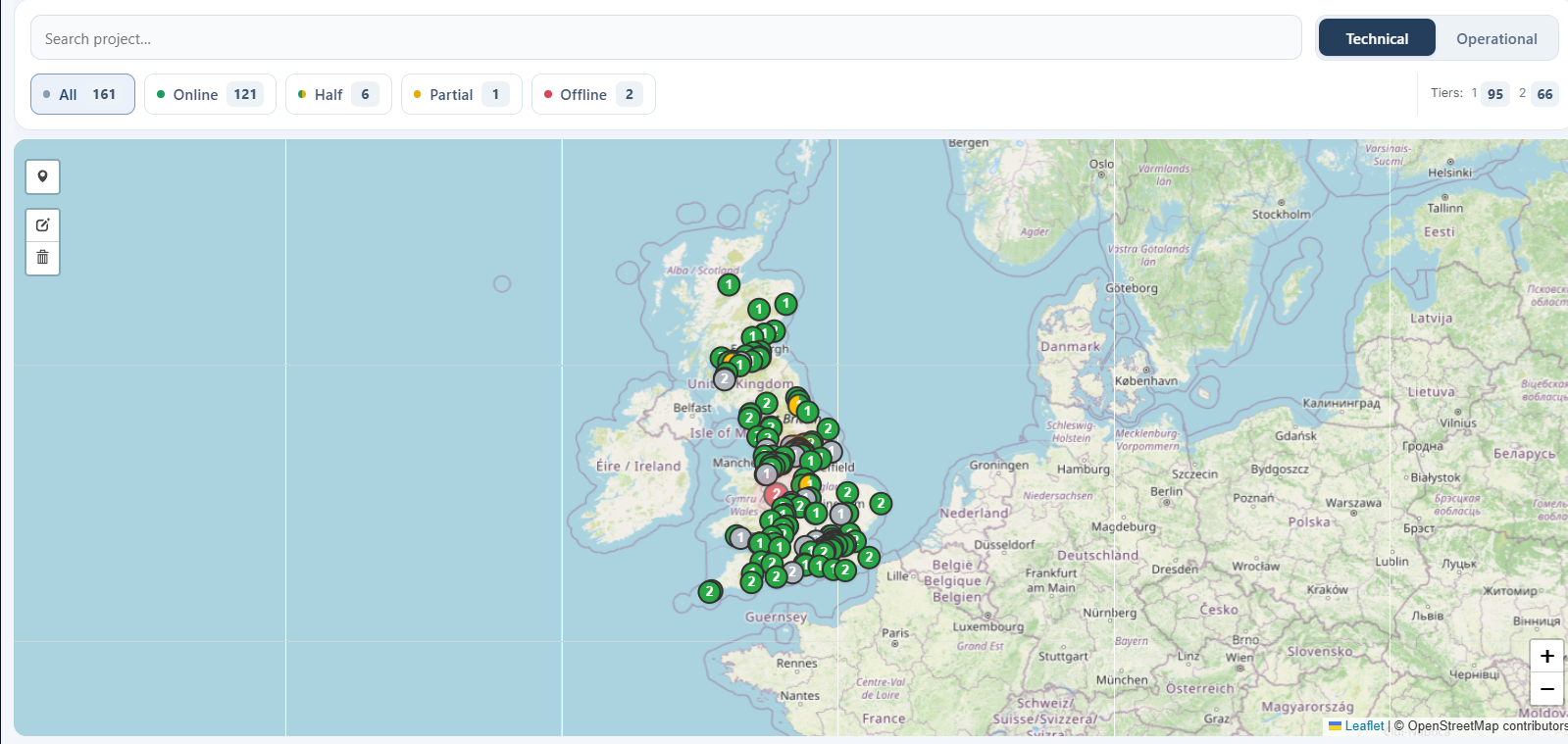 NetAdminX network map showing site locations and status filters