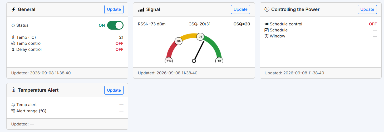 NetAdminX PowerTXT panel with power status, temperature, signal and schedule information